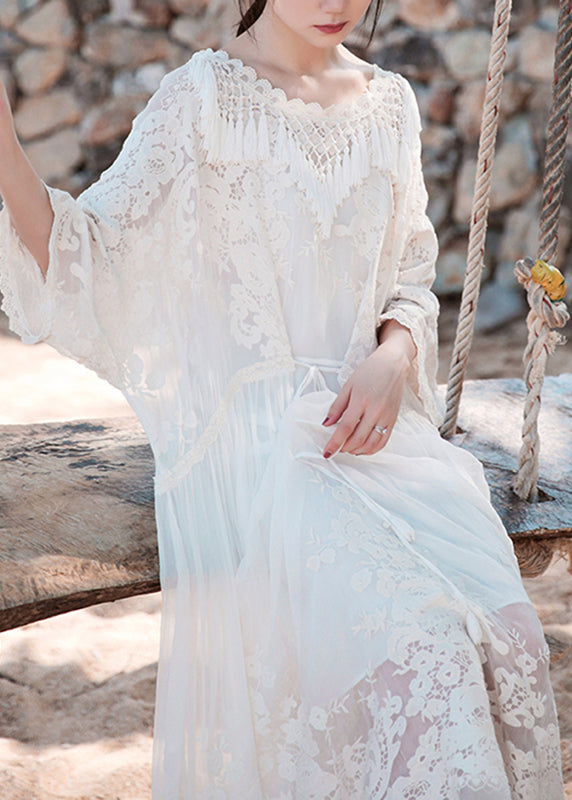 Organic Beige O-Neck Embroideried Floral Lace Tassel Silk Long Dress Long Sleeve