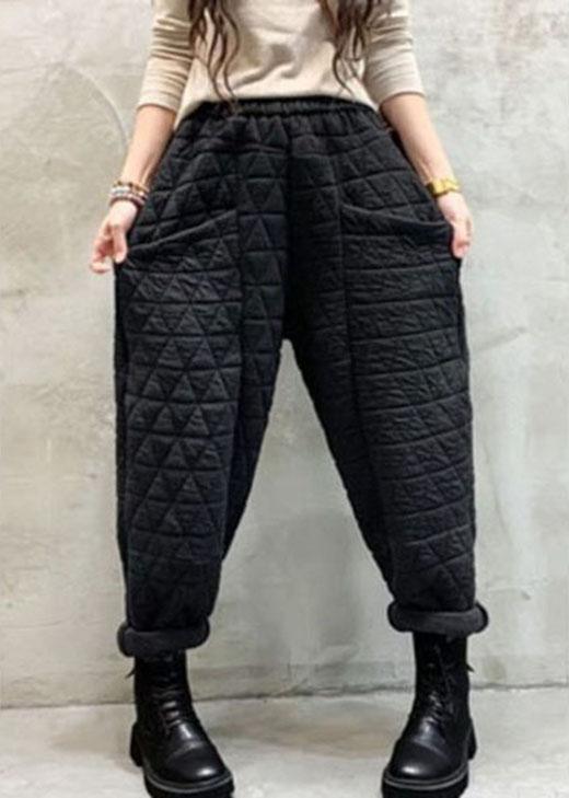 Organic Black Elastic Waist Thick Pockets Casual Winter Pants - Omychic