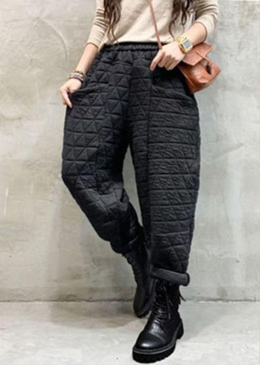 Organic Black Elastic Waist Thick Pockets Casual Winter Pants - Omychic