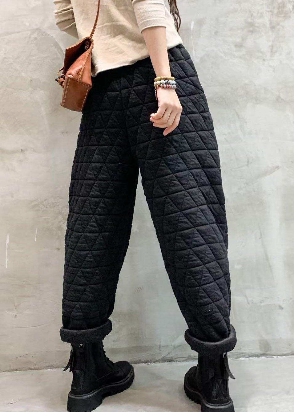 Organic Black Elastic Waist Thick Pockets Casual Winter Pants - Omychic