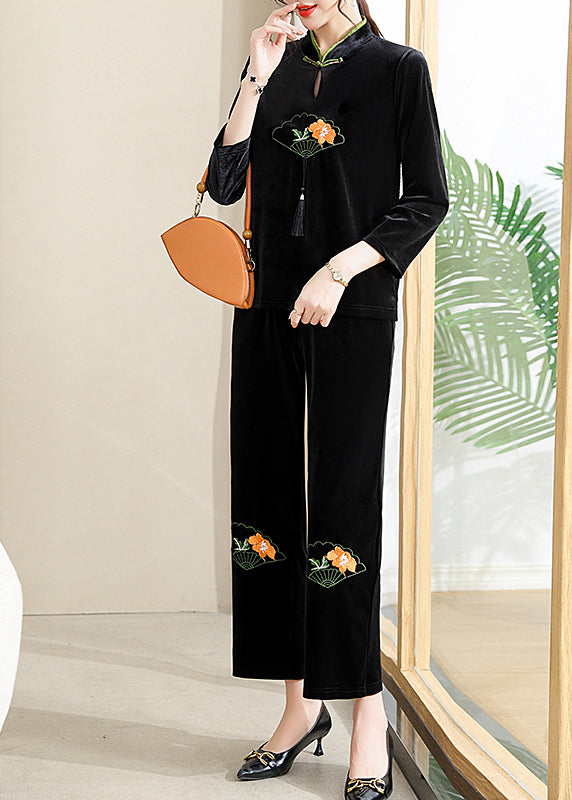 Organic Black Embroideried Button Silk Velour Two Piece Set Fall