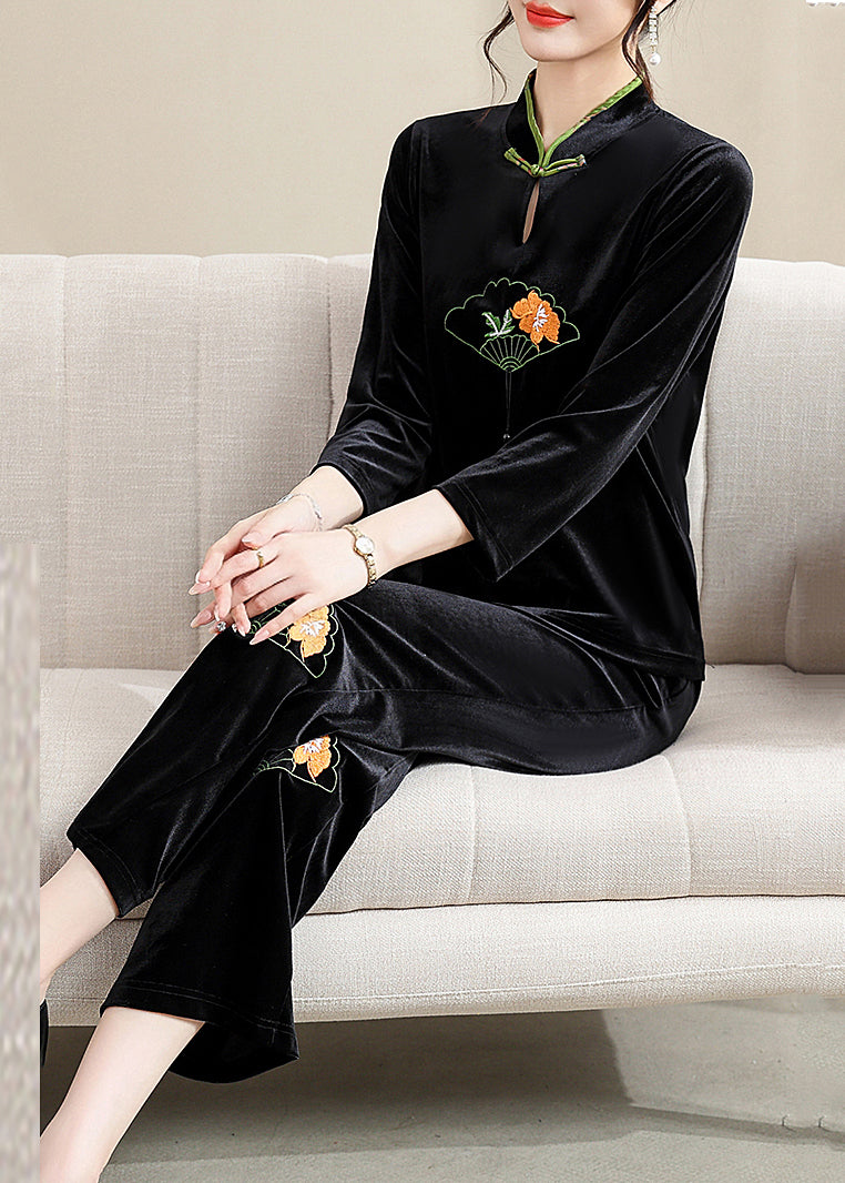 Organic Black Embroideried Button Silk Velour Two Piece Set Fall