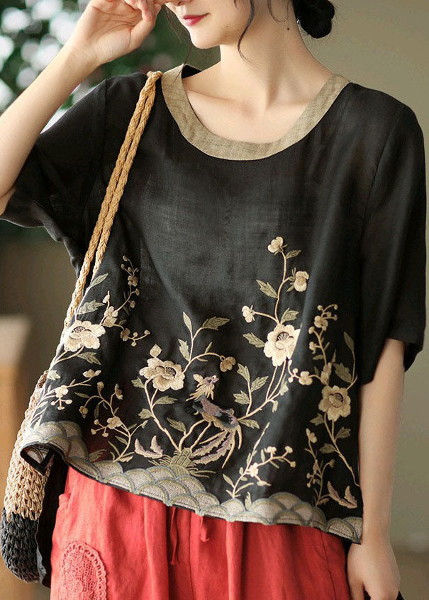 Organic Black-Print2  Embroideried Low High Design Linen Tanks Short Sleeve