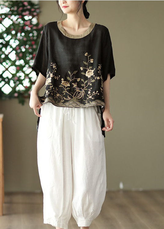 Organic Black-Print2  Embroideried Low High Design Linen Tanks Short Sleeve