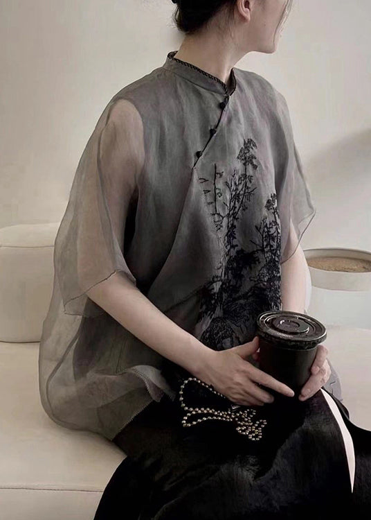 Organic Black Embroideried Patchwork Silk Shirts Tops Summer