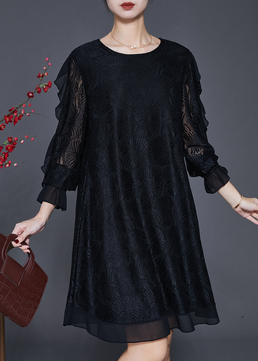 Organic Black Hollow Out Lace Vacation Dresses Butterfly Sleeve