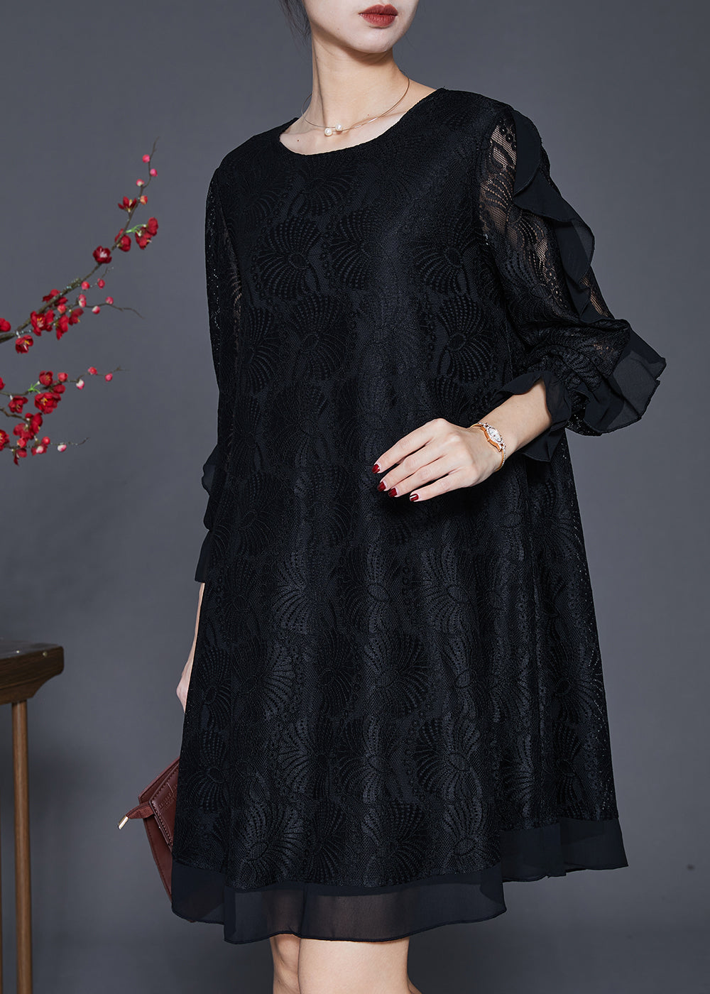 Organic Black Hollow Out Lace Vacation Dresses Butterfly Sleeve