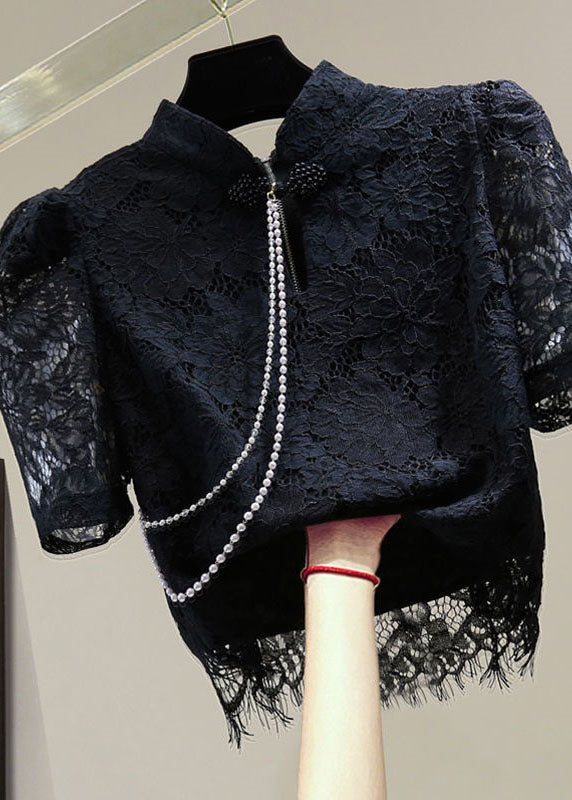 Organic Black Hollow Out Nail bead Patchwork Lace Top Summer