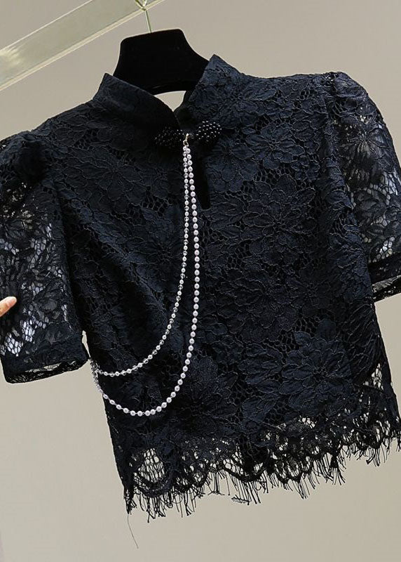 Organic Black Hollow Out Nail bead Patchwork Lace Top Summer