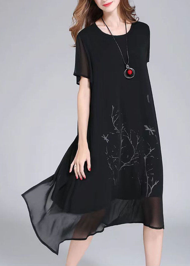 Organic Black O Neck Print Patchwork Chiffon Dresses Summer