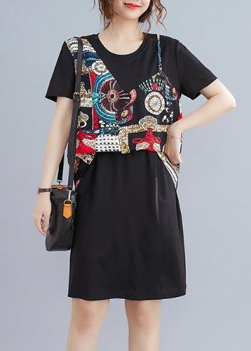 Organic Black Patchwork Beige Summer Chiffon Dress - Omychic