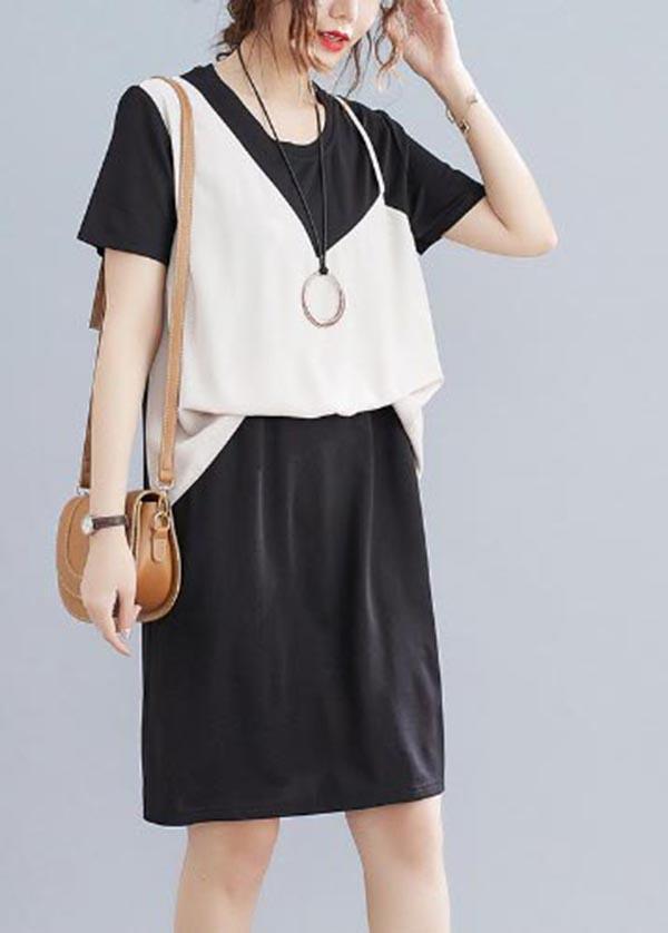 Organic Black Patchwork Beige Summer Chiffon Dress - Omychic