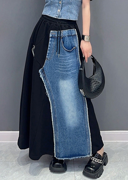 Casual Black Patchwork Blue Elastic Waist Denim Skirt