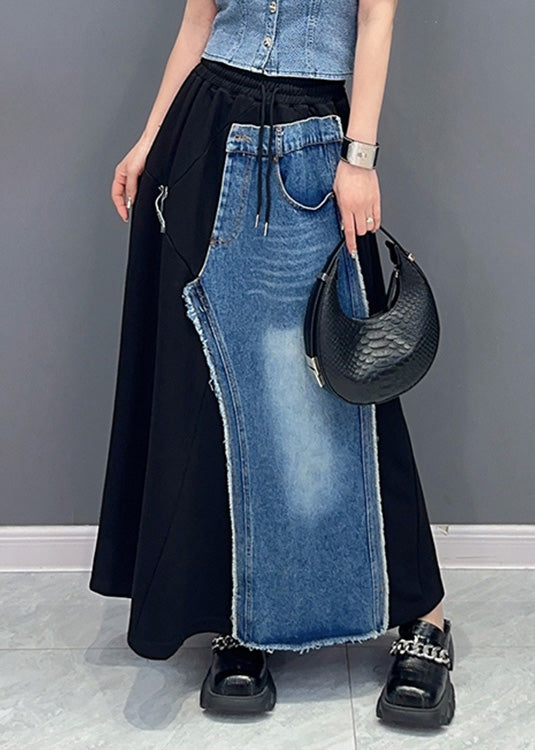 Casual Black Patchwork Blue Elastic Waist Denim Skirt