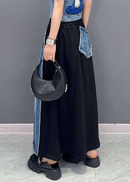 Casual Black Patchwork Blue Elastic Waist Denim Skirt