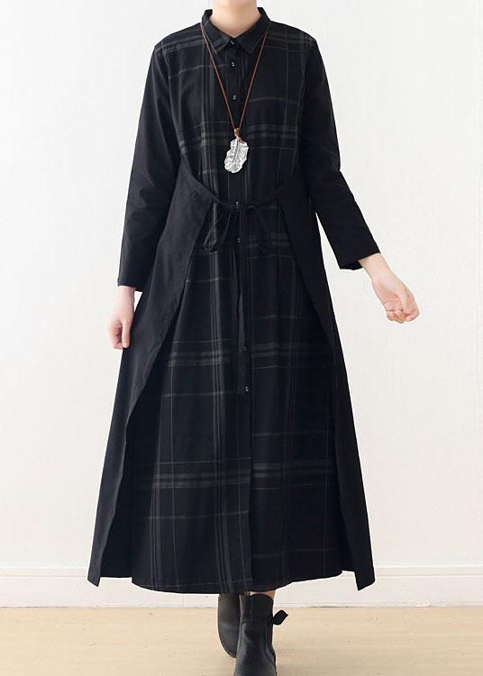 Organic Black Plaid Tie Long Sleeve Holiday Dress Fall - Omychic