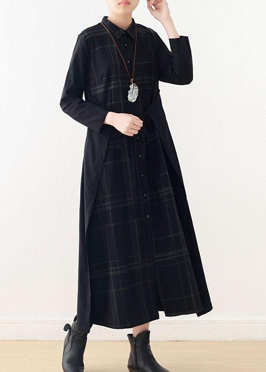 Organic Black Plaid Tie Long Sleeve Holiday Dress Fall - Omychic