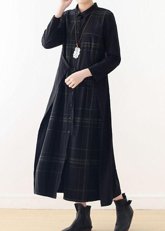Organic Black Plaid Tie Long Sleeve Holiday Dress Fall - Omychic