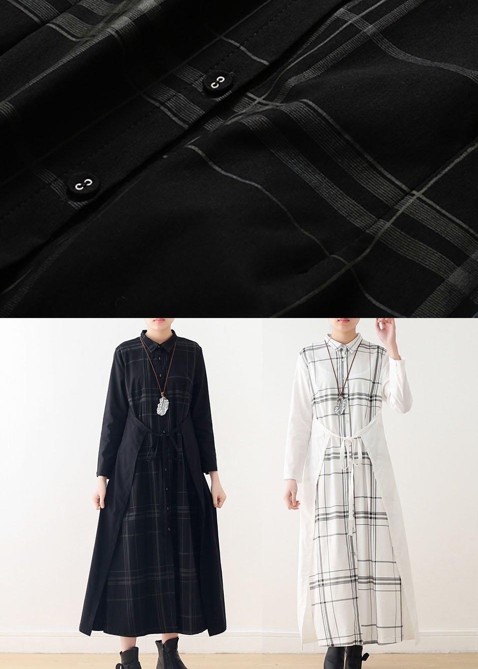 Organic Black Plaid Tie Long Sleeve Holiday Dress Fall - Omychic