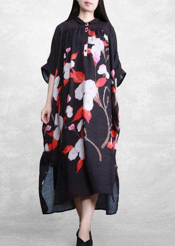 Organic Black Print Clothes Women Lapel Cinched Dresses - Omychic