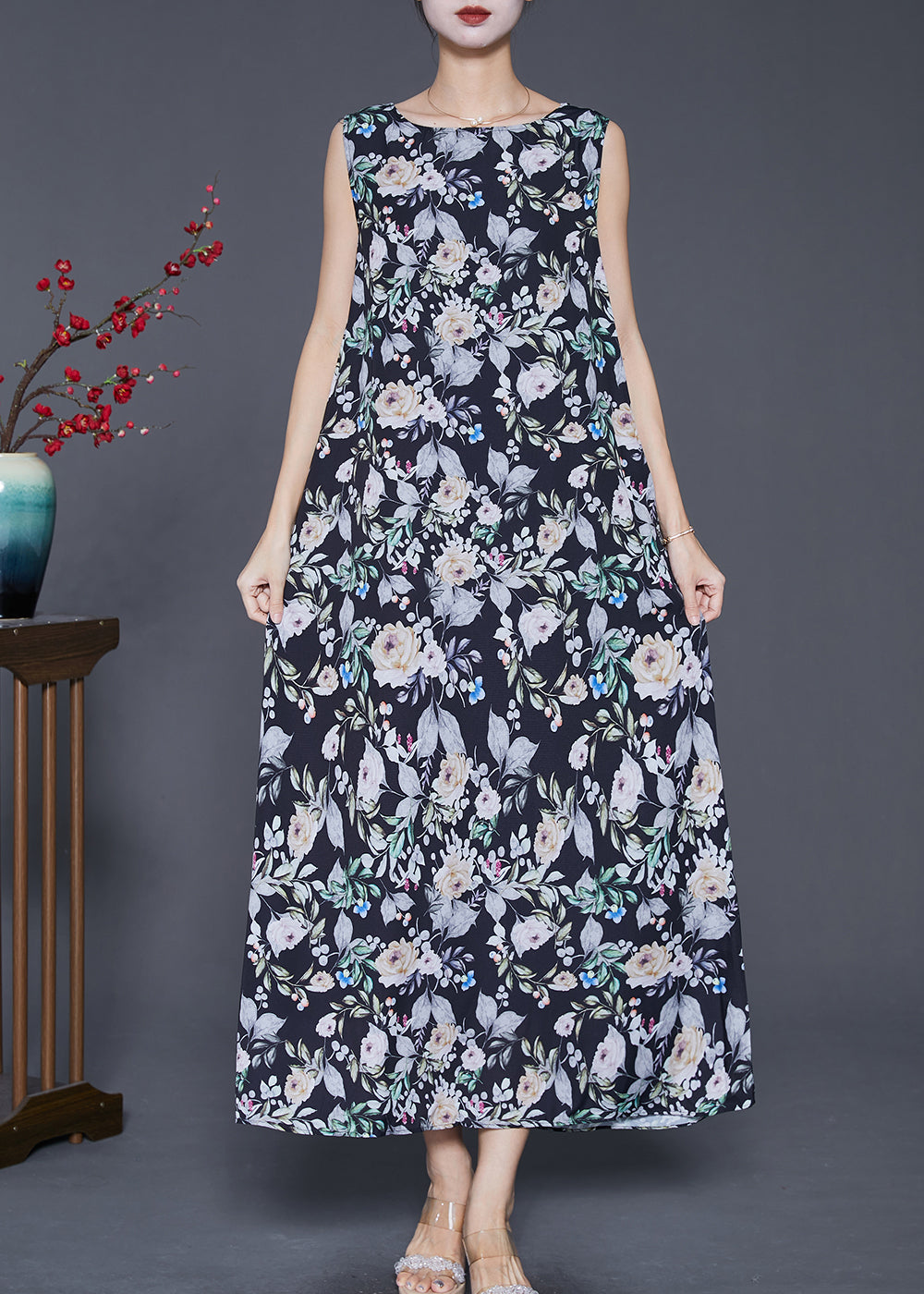 Organic Black Print Patchwork Cotton Maxi Dresses Sleeveless