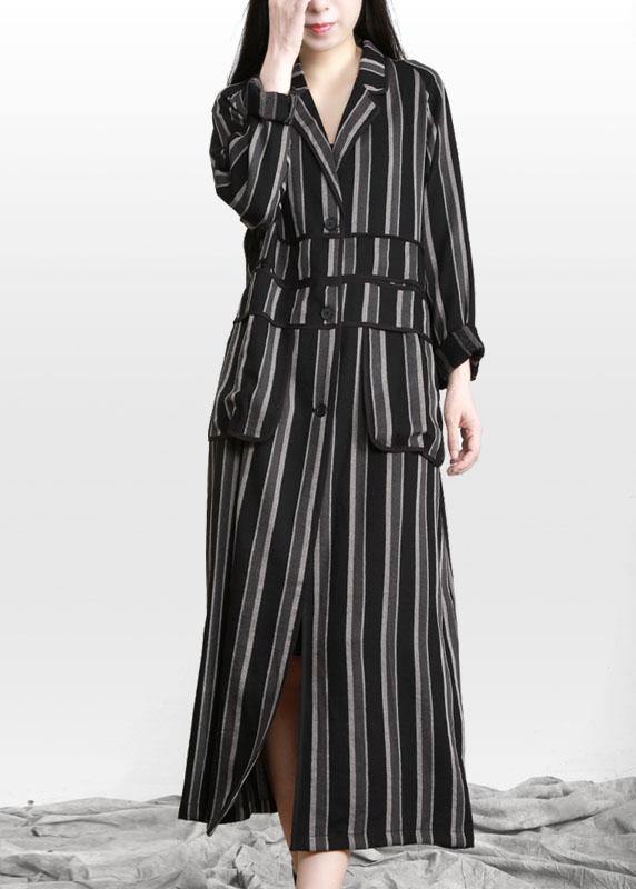 Organic Black Striped Button Peter Pan Collar Fall Long Coat - Omychic