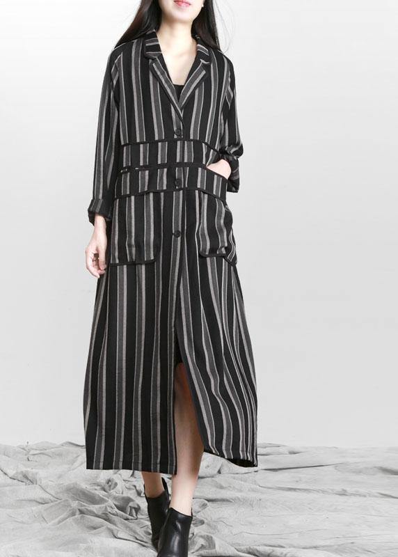 Organic Black Striped Button Peter Pan Collar Fall Long Coat - Omychic