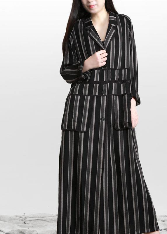 Organic Black Striped Button Peter Pan Collar Fall Long Coat - Omychic