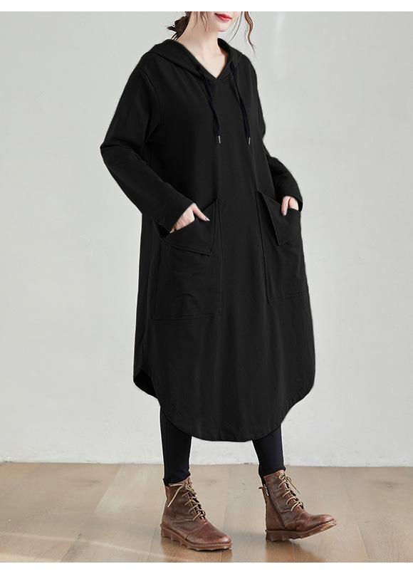 Organic Black Tunic Pattern Hooded Asymmetric Robe Spring Dresses - Omychic