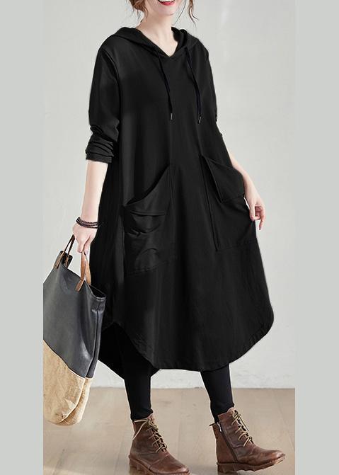 Organic Black Tunic Pattern Hooded Asymmetric Robe Spring Dresses - Omychic