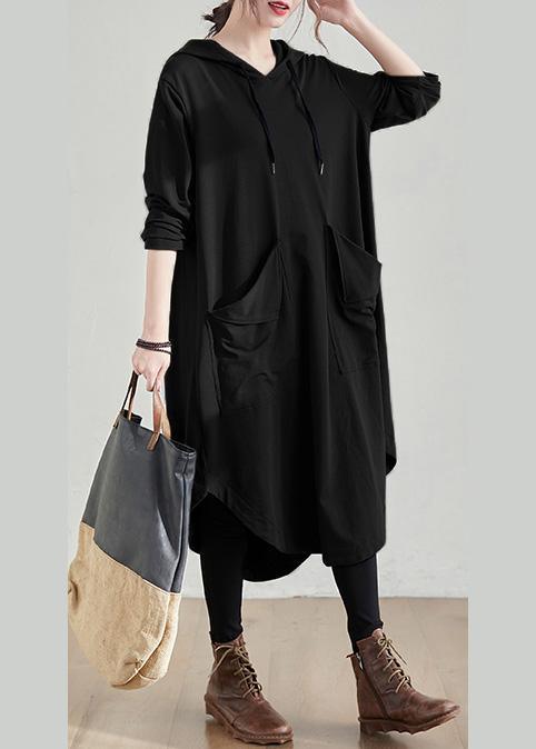 Organic Black Tunic Pattern Hooded Asymmetric Robe Spring Dresses - Omychic