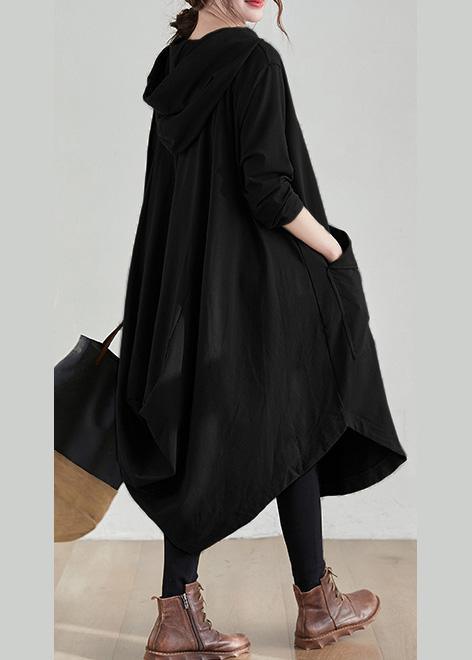 Organic Black Tunic Pattern Hooded Asymmetric Robe Spring Dresses - Omychic