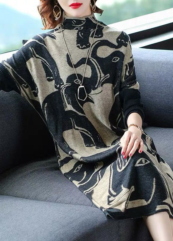 Organic Black Turtle Neck Oversized Print Long Knit Dress Winter