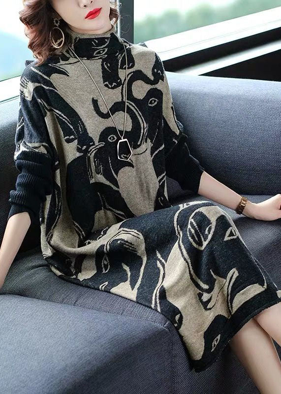 Organic Black Turtle Neck Oversized Print Long Knit Dress Winter