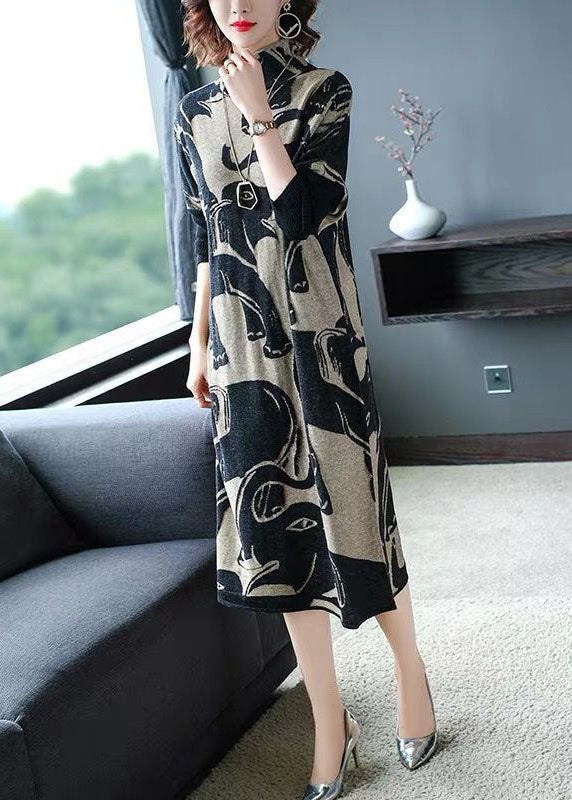 Organic Black Turtle Neck Oversized Print Long Knit Dress Winter