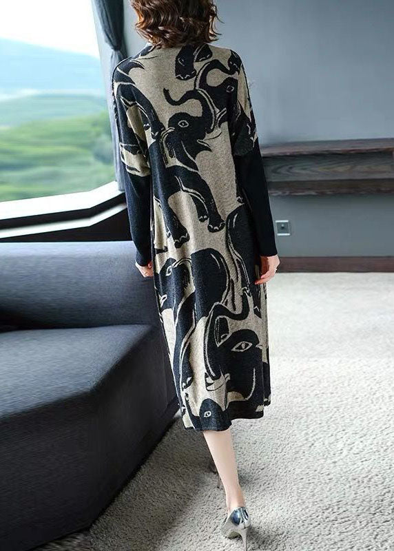 Organic Black Turtle Neck Oversized Print Long Knit Dress Winter
