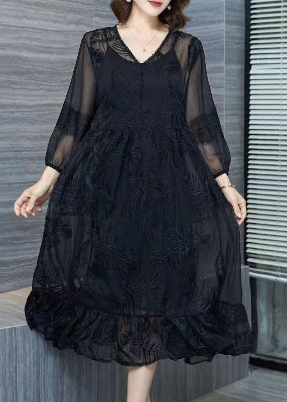 Organic Black V Neck Embroideried Patchwork Tulle Dresses Summer