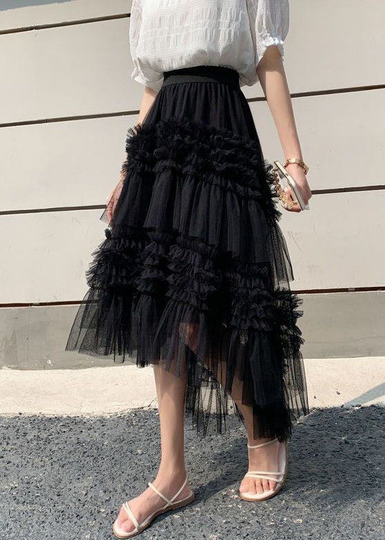 Organic Black Wrinkled Layered Patchwork Tulle Skirt Spring