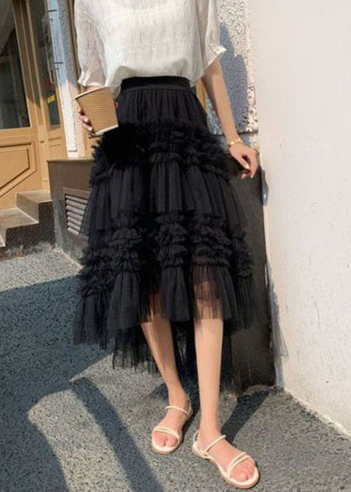 Organic Black Wrinkled Layered Patchwork Tulle Skirt Spring