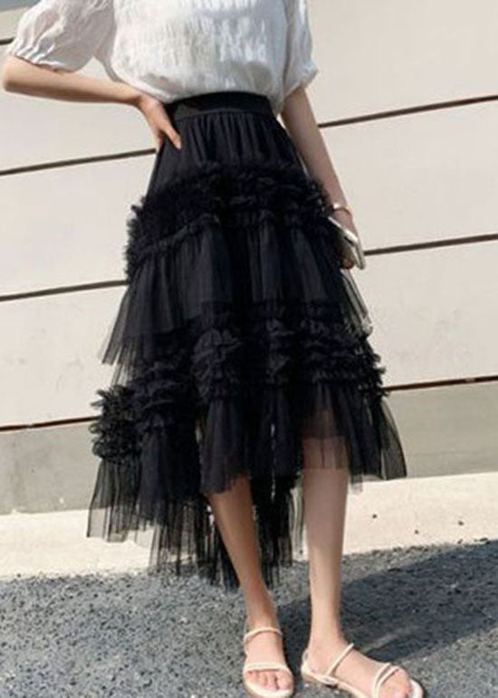 Organic Black Wrinkled Layered Patchwork Tulle Skirt Spring