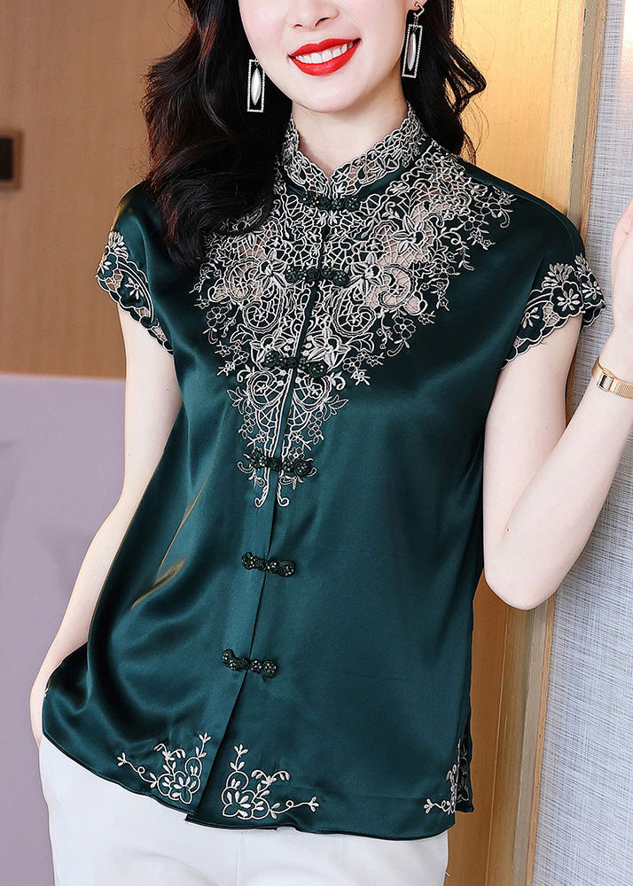 Organic Blackish Green Stand Collar Embroideried Hollow Out Button Silk Top Short Sleeve