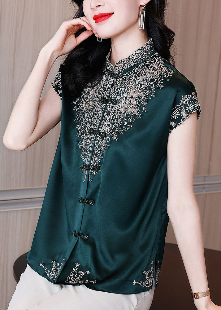 Organic Blackish Green Stand Collar Embroideried Hollow Out Button Silk Top Short Sleeve