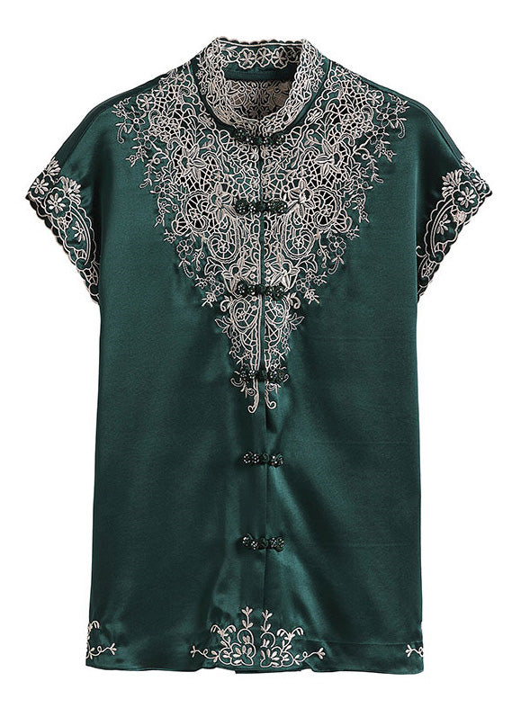 Organic Blackish Green Stand Collar Embroideried Hollow Out Button Silk Top Short Sleeve