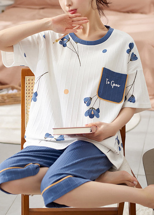 Organic Blue O-Neck Print Cotton Pajamas Two Pieces Set Summer