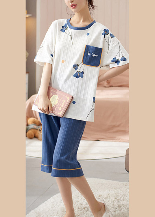 Organic Blue O-Neck Print Cotton Pajamas Two Pieces Set Summer