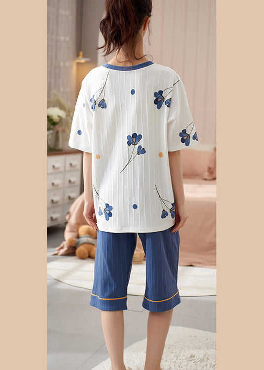Organic Blue O-Neck Print Cotton Pajamas Two Pieces Set Summer