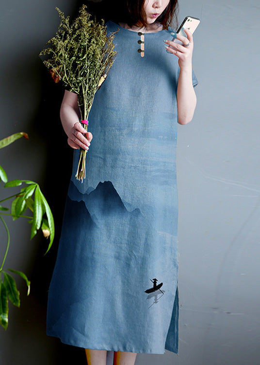 Organic Blue O-Neck Print Linen Party Long Dress Summer