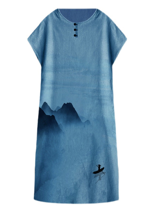 Organic Blue O-Neck Print Linen Party Long Dress Summer