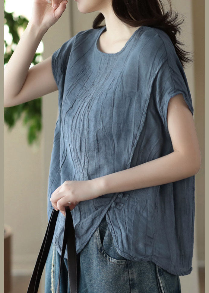 Summer Blue O Neck Wrinkled Patchwork Linen T Shirt