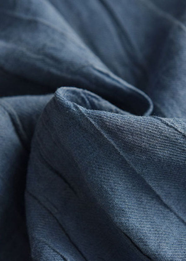 Summer Blue O Neck Wrinkled Patchwork Linen T Shirt
